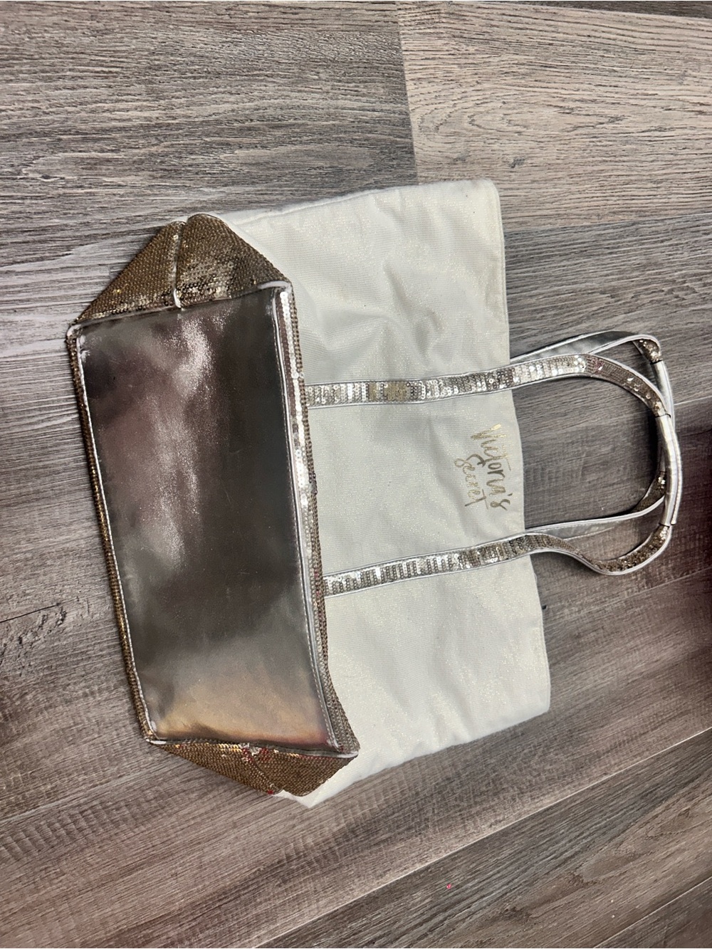 Victoria's Secret White and gold Metallic Tote Bag